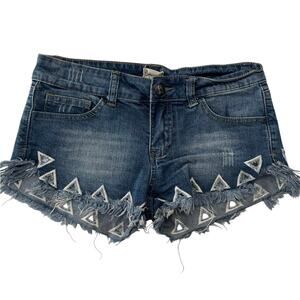 White cow micro mini denim shorts sz 26 raw hem artsy festival western embroider